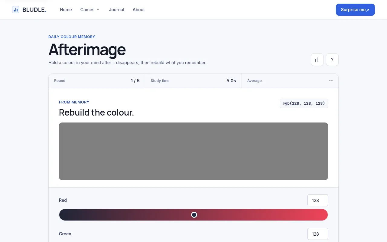 Afterimage rebuild phase: a grey swatch and red, green and blue sliders for mixing the colour from memory