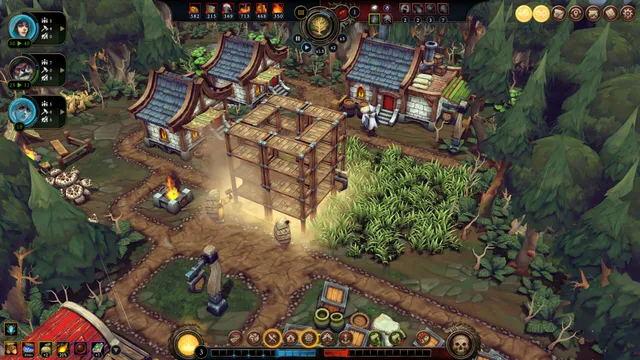 Against the Storm: a small settlement in a forest clearing with blue-roofed houses, a wooden building under construction and a crop field