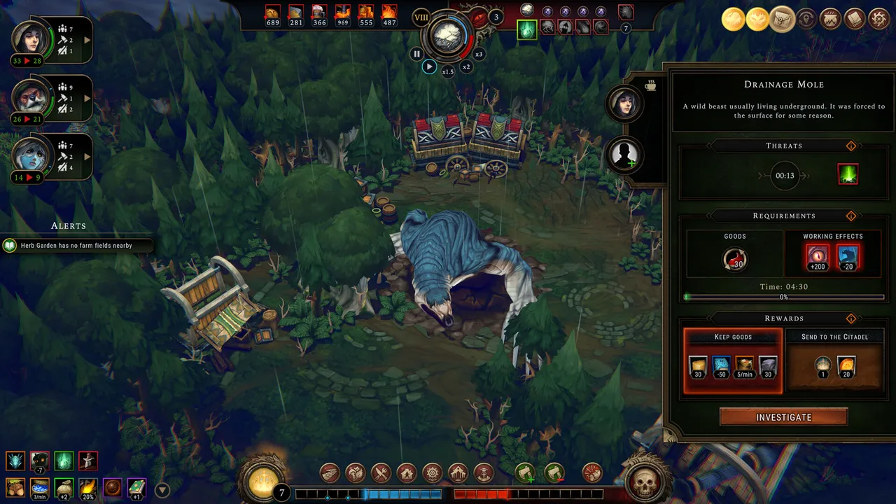 Against the Storm: a giant blue drainage mole in a dark forest glade, with a panel listing its threats, requirements and rewards