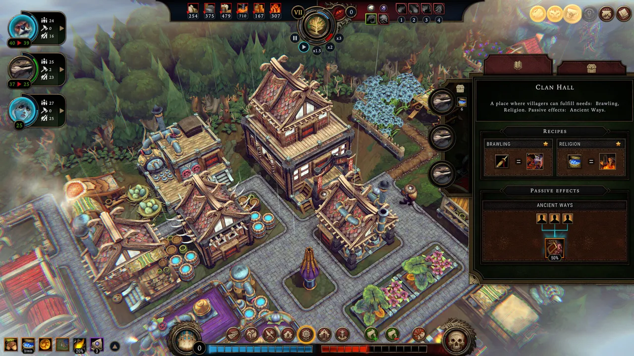 Against the Storm: a dense town of ornate wooden buildings with the Clan Hall panel open, showing its recipes and passive effects