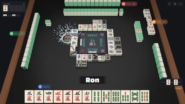 A riichi mahjong table in Agari with a Ron call, the player's hand and wait indicators