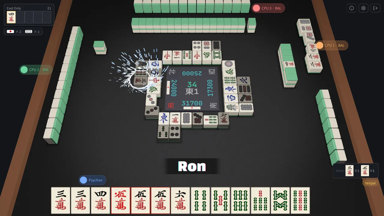 A riichi mahjong table in Agari with a Ron call, the player's hand and wait indicators