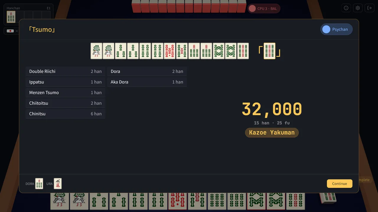 Agari's round-end screen for a tsumo win: the winning hand, each yaku with its han, dora and ura dora, and a 32,000 point kazoe yakuman