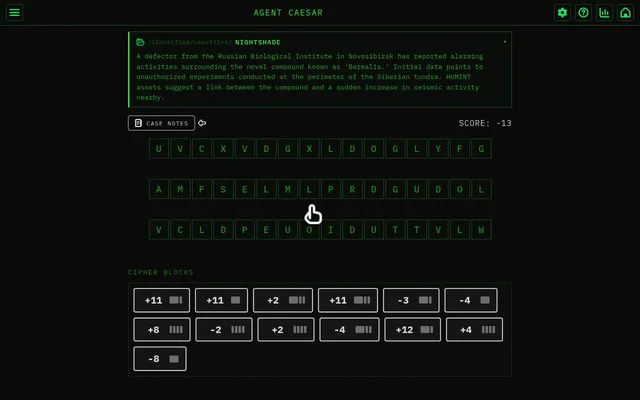 Agent Caesar casefile NIGHTSHADE: the case briefing above three rows of encrypted letters, with a tray of Caesar-shift cipher blocks such as +11, -3 and +8 below