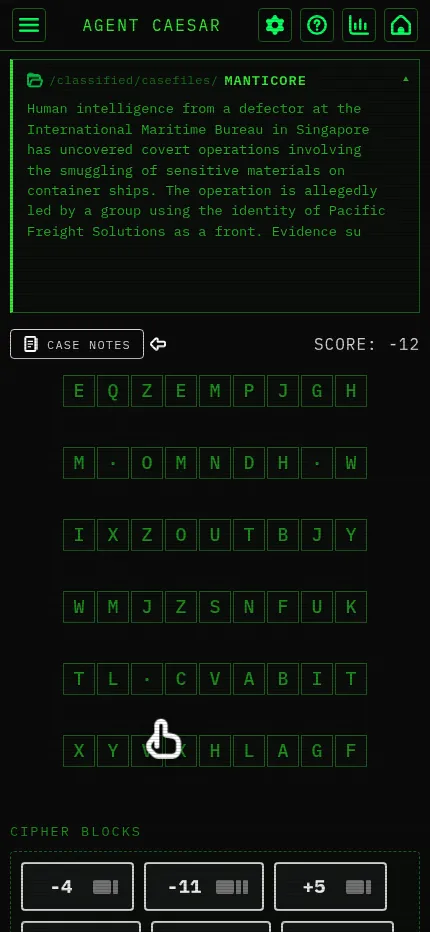 Agent Caesar at phone size: the MANTICORE briefing, Case Notes button, score, six rows of cipher letters and the first cipher blocks of the tray