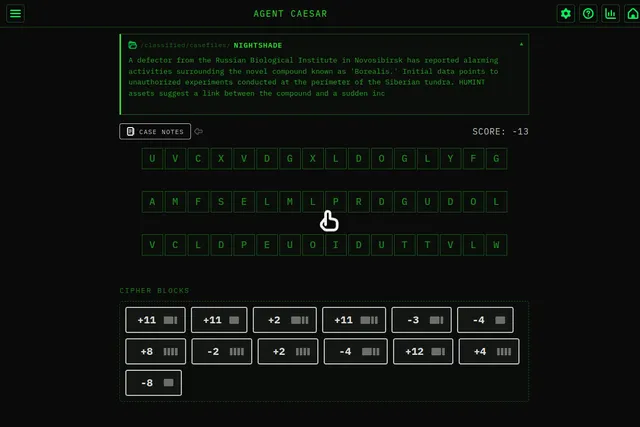 Agent Caesar casefile NIGHTSHADE: the case briefing above three rows of encrypted letters, and the tray of Caesar-shift cipher blocks such as +11, -3 and +8 below