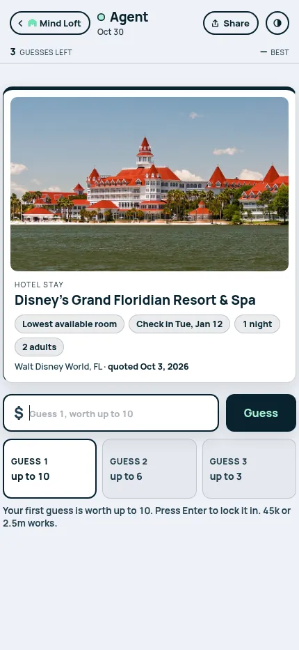 Agent at phone size on 30 October 2026: the Grand Floridian hotel card, the dollar guess box and the three guess slots