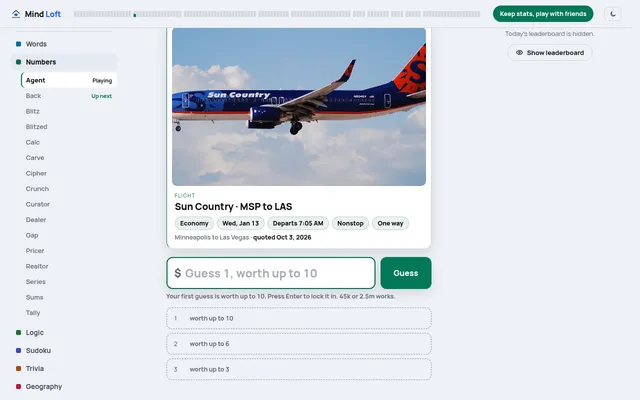 Agent board on mindloftdaily.com: a Sun Country economy flight from Minneapolis to Las Vegas, a price box and three guess slots worth up to 10, 6 and 3