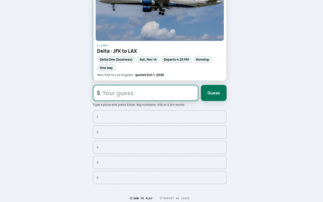 Agent board on mindloftdaily.com: a Delta One business flight from JFK to LAX on Sat, Nov 14, with a price box and five empty guess slots