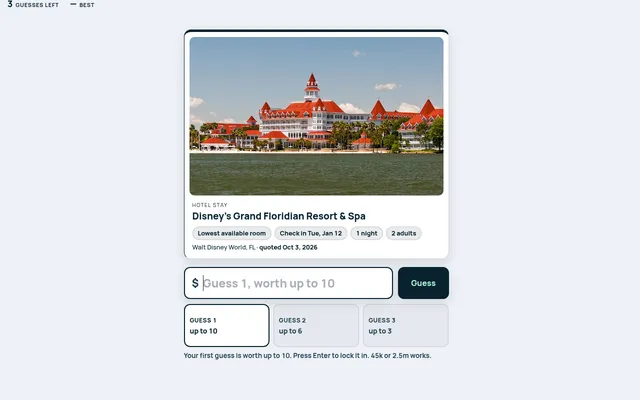 Agent board for 30 October 2026: a one-night hotel stay at Disney's Grand Floridian Resort & Spa, a price box and three guess slots worth up to 10, 6 and 3