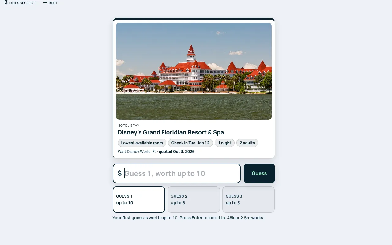 Agent board for 30 October 2026: a one-night hotel stay at Disney's Grand Floridian Resort & Spa, a price box and three guess slots worth up to 10, 6 and 3