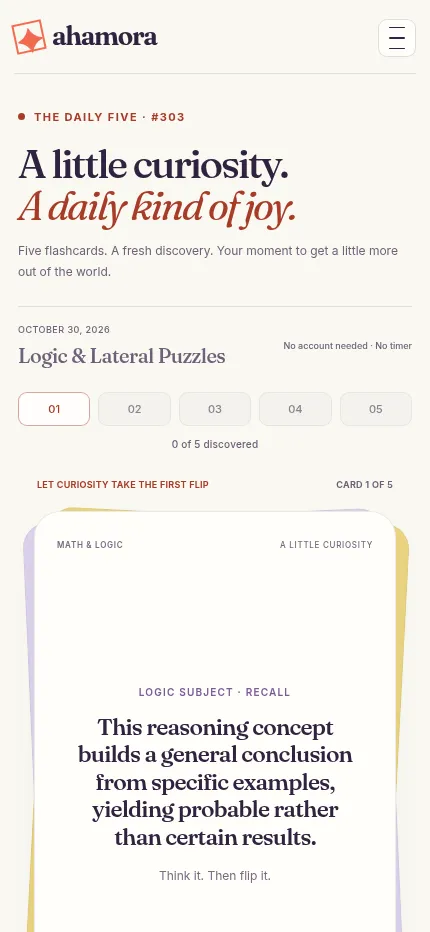 Ahamora The Daily Five #303 on a phone, 30 October 2026, Logic & Lateral Puzzles: five card tabs and the first clue card, about reasoning from specific examples