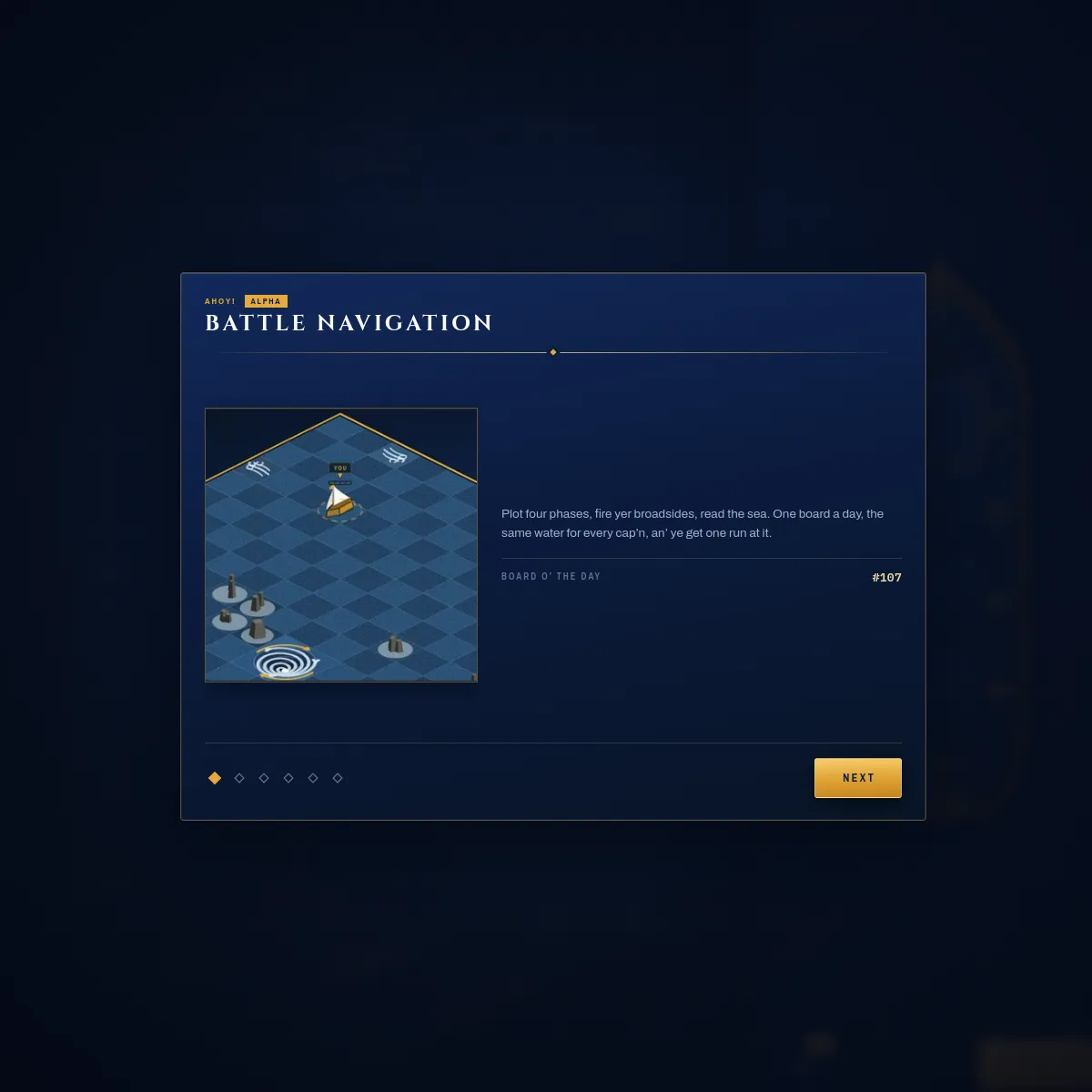 The Battle Navigation intro screen showing an isometric blue sea board labelled Board o' the Day #107, with the player's sailing ship marked YOU, several rocks, wind marks and a whirlpool, and the not