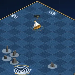 Battle Navigation board art: the player's sailing ship marked YOU on an isometric blue sea with rocks, a whirlpool and wind marks