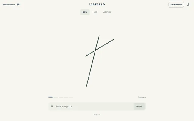 Airfield's Daily puzzle on 18 October 2026: two crossing runways drawn on a blank background above the airport search box, with Daily, Hard and Unlimited tabs
