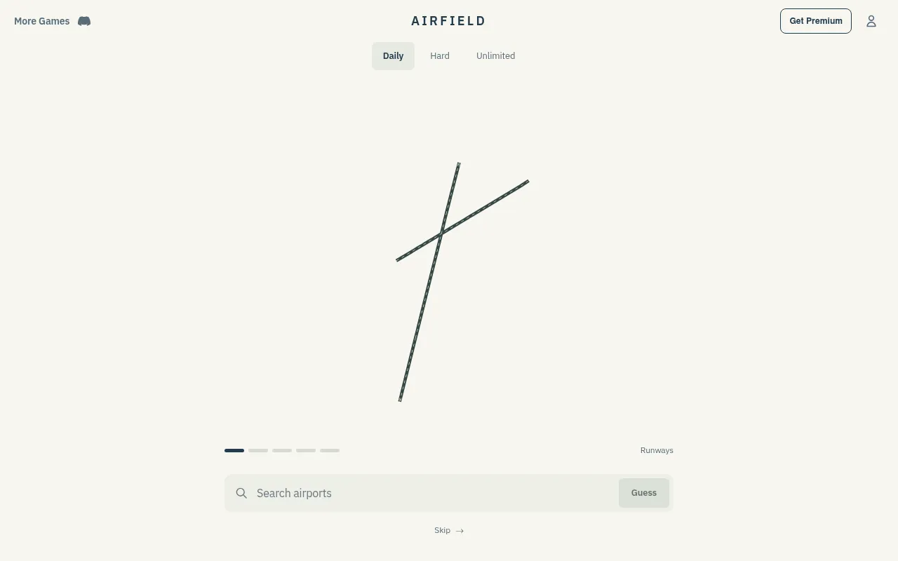 Airfield's Daily puzzle on 18 October 2026: two crossing runways drawn on a blank background above the airport search box, with Daily, Hard and Unlimited tabs