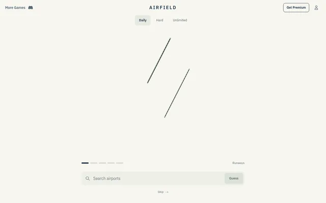 Airfield's Daily puzzle: two parallel runways drawn on a blank background above an airport search box, with Daily, Hard and Unlimited tabs