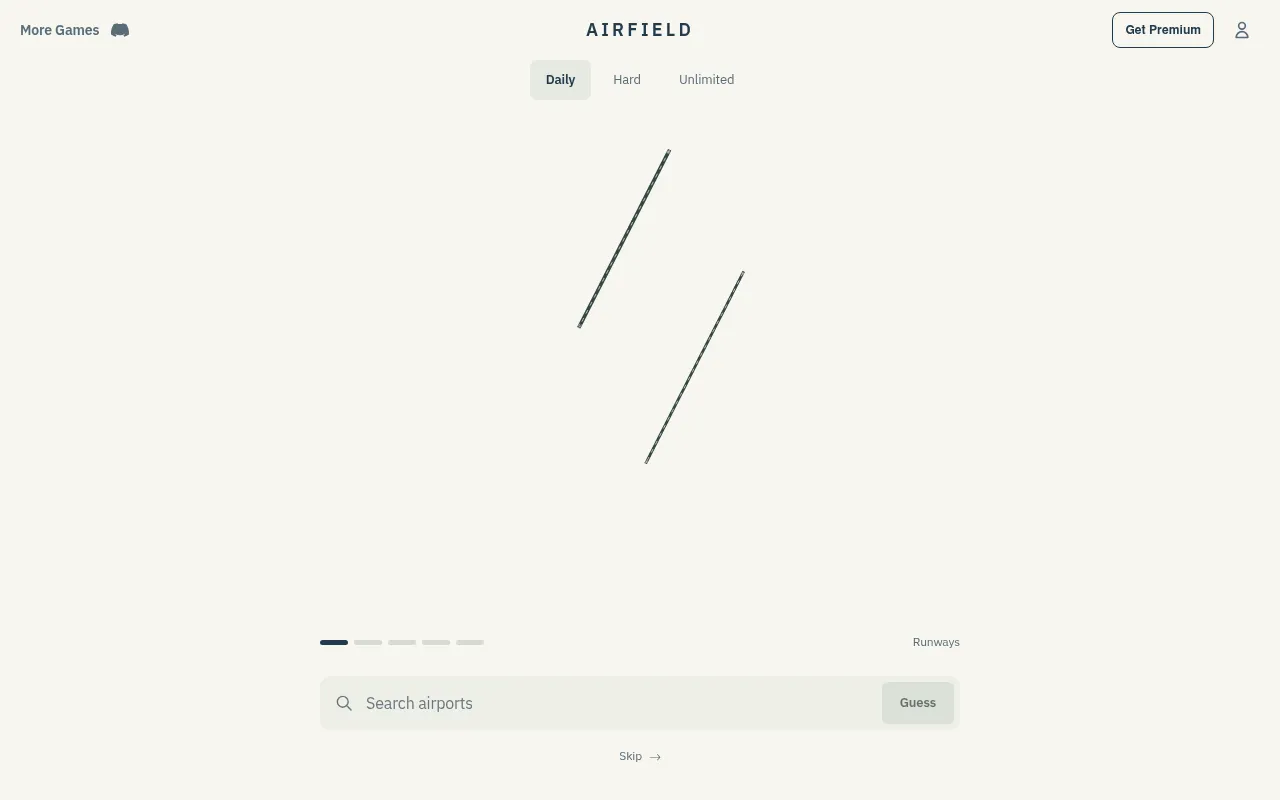 Airfield's Daily puzzle: two parallel runways drawn on a blank background above an airport search box, with Daily, Hard and Unlimited tabs