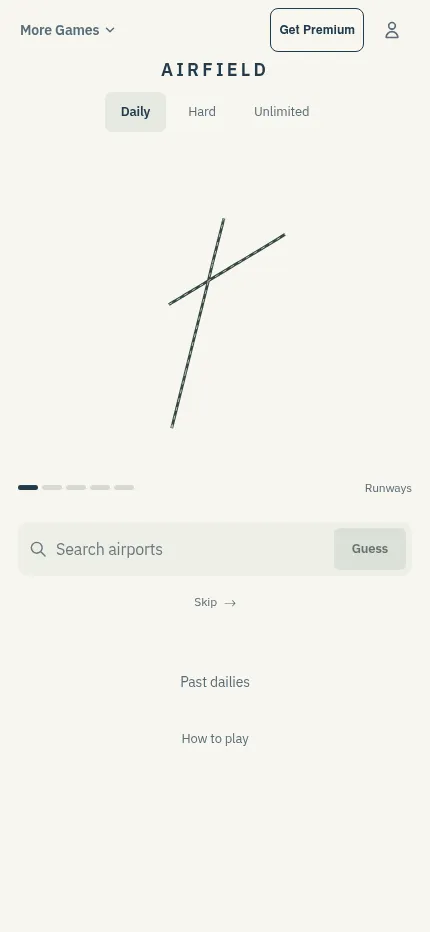 Airfield's Daily puzzle at phone size: the runway drawing, clue progress bar and search box in one column