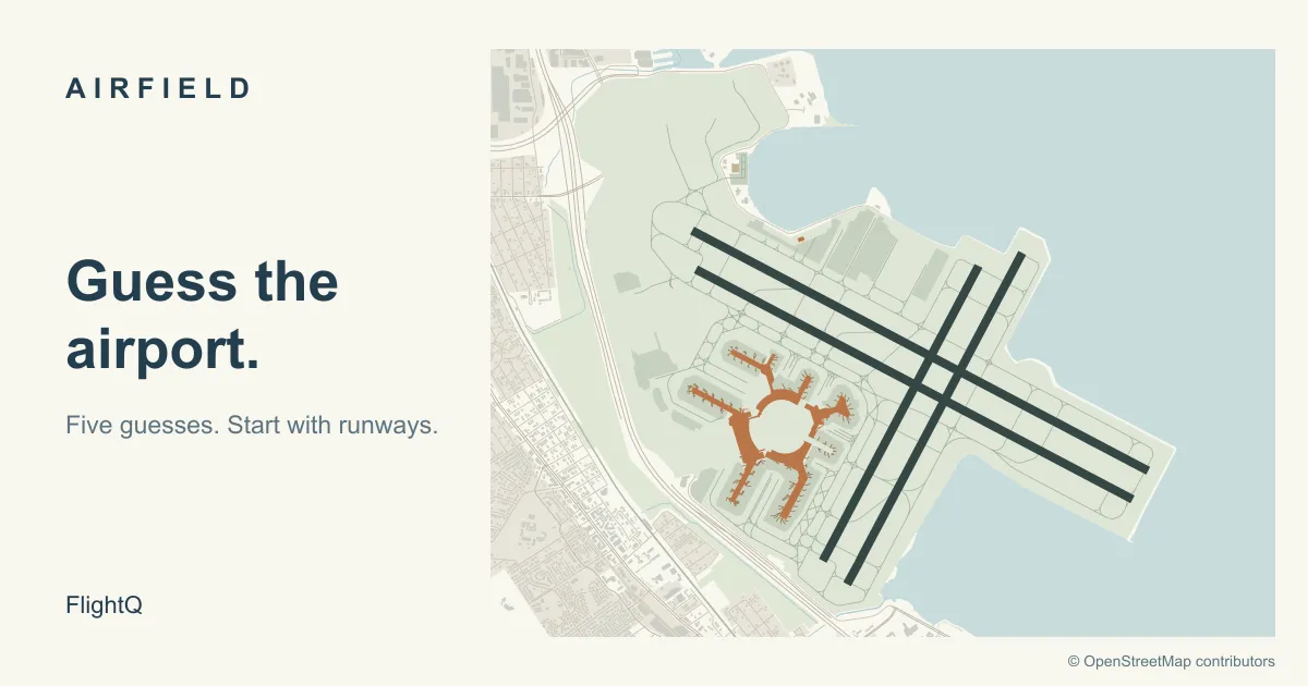 Airfield share image: a map of an airport's parallel crossing runways and terminal, beside the words Guess the airport. Five guesses. Start with runways.