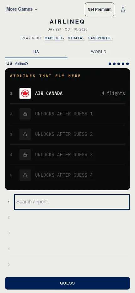 AirlineQ Day 224 US mode on a phone: the airline clue card above the five guess rows and the Guess button