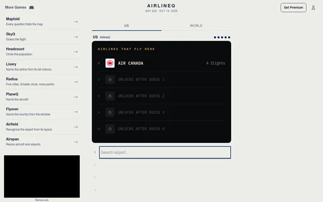 AirlineQ Day 224, Oct 18, 2026, US mode at desktop size: the first clue Air Canada with 4 flights, four locked clue rows and the airport search box