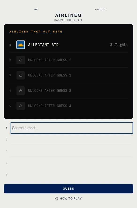 AirlineQ Day 211, Oct 5, 2026: the first clue Allegiant Air with 3 flights, four locked clue rows and an airport search box