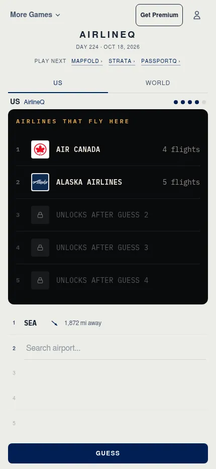 AirlineQ on a phone, Oct 18, 2026: after a guess of SEA, 1,872 miles away, the second clue Alaska Airlines with 5 flights unlocks