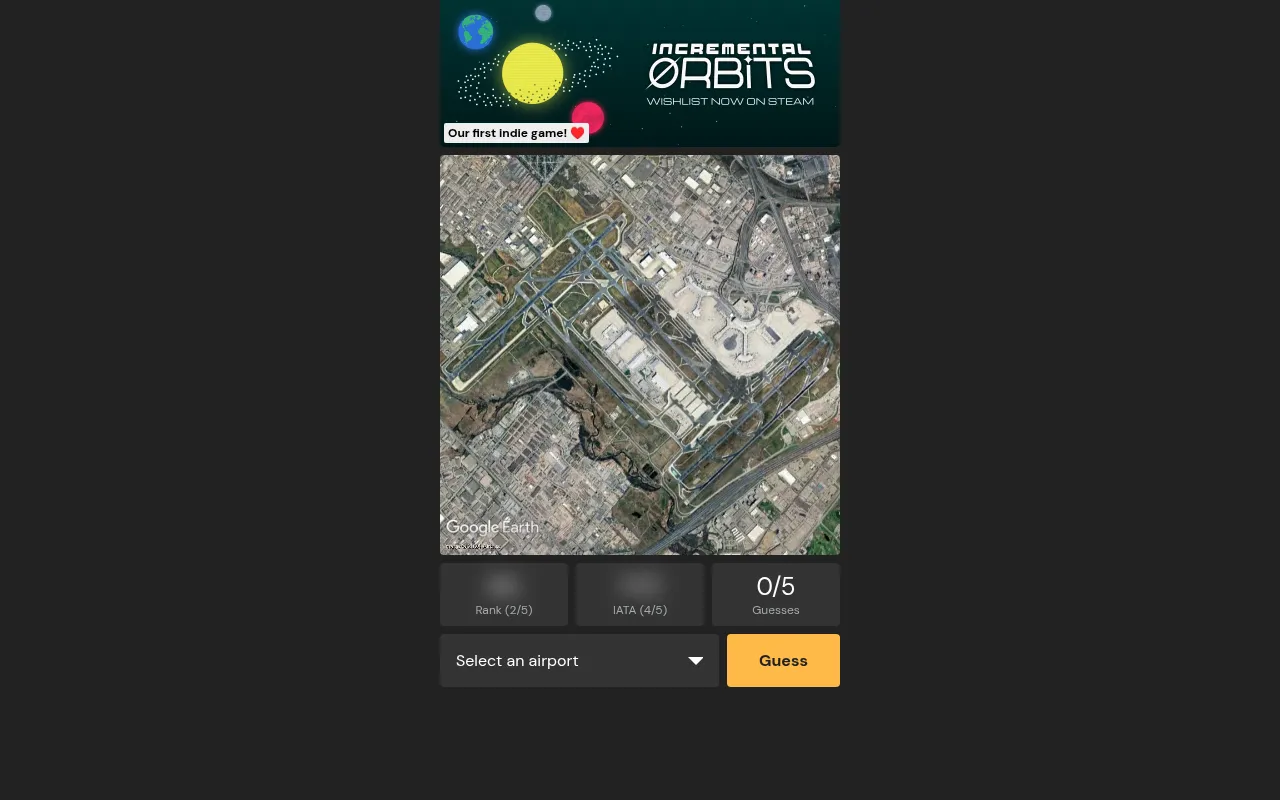 Airport Guessr in play: the day's satellite image of an airport, blurred rank and IATA hint boxes, 0 of 5 guesses, and a Select an airport list with a Guess button (a promo banner for another game abo