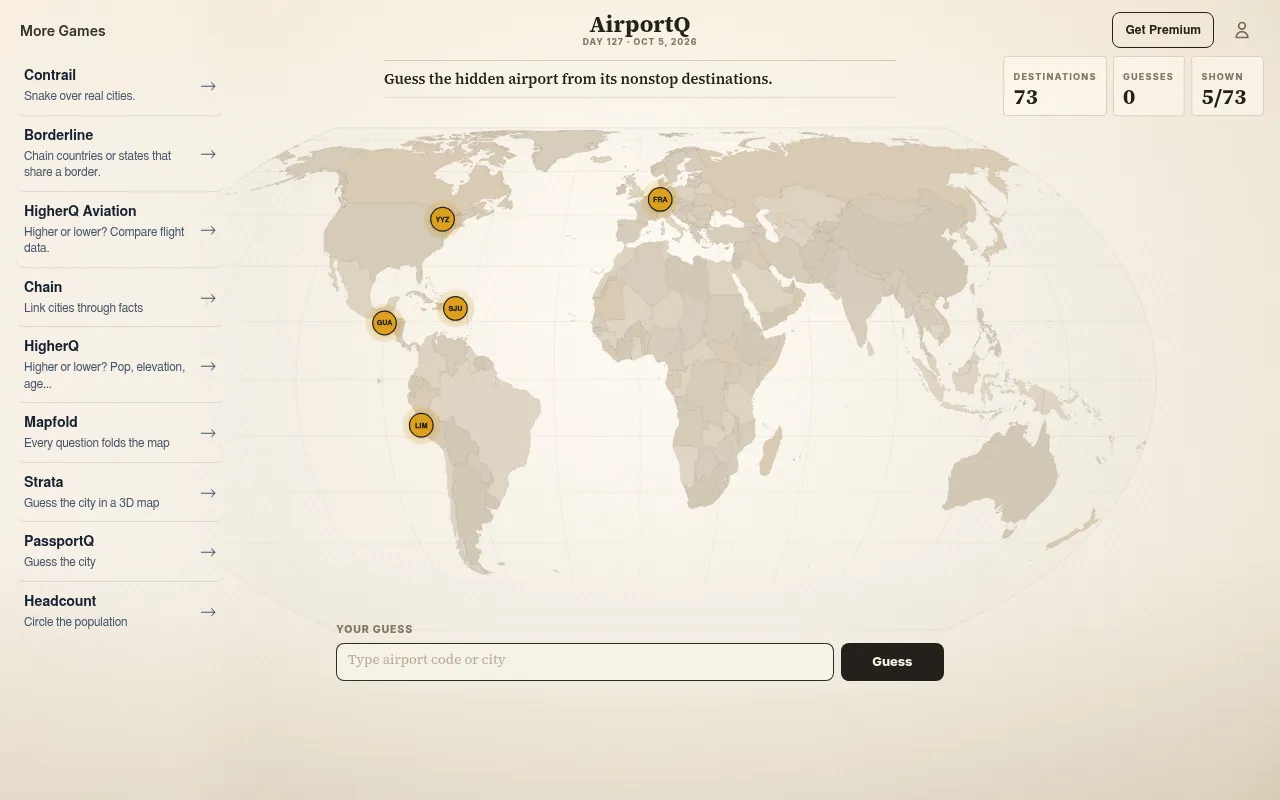AirportQ Day 127, Oct 5, 2026: a world map with five destinations (YYZ, FRA, SJU, GUA, LIM) out of 73 and an airport guess box