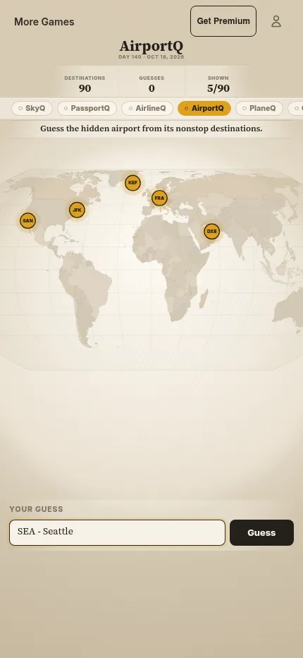 AirportQ on a phone: the same day's map with five destinations and SEA - Seattle typed in the guess box
