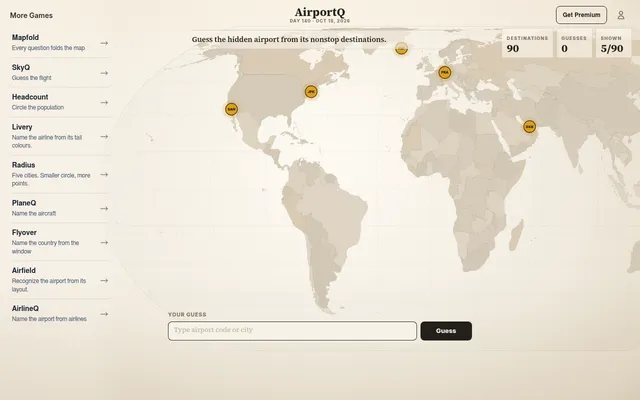 AirportQ Day 140, Oct 18, 2026 at desktop size: a world map with five of 90 destinations (SAN, JFK, KEF, FRA, DXB) and the guess box