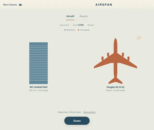 Airspan round 1 of 5 in Aircraft: an NFL football field of 109.73 m as the reference beside an orange Douglas DC-8-62 silhouette to resize, and a Guess button