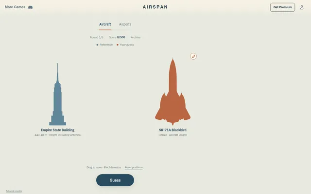 Airspan's Aircraft daily, round 1 of 5 on 19 Oct 2026: the Empire State Building (443.18 m) as reference beside an orange SR-71A Blackbird to resize, with the Guess button