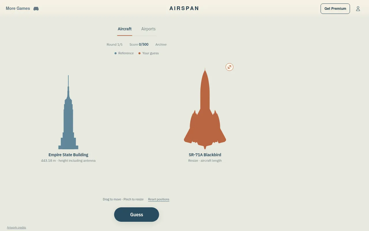 Airspan's Aircraft daily, round 1 of 5 on 19 Oct 2026: the Empire State Building (443.18 m) as reference beside an orange SR-71A Blackbird to resize, with the Guess button