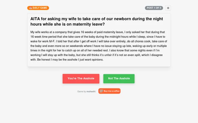 AITA Guesser daily game, post 1 of 3: a Reddit story about night feeds during maternity leave with You're The Asshole and Not The Asshole buttons