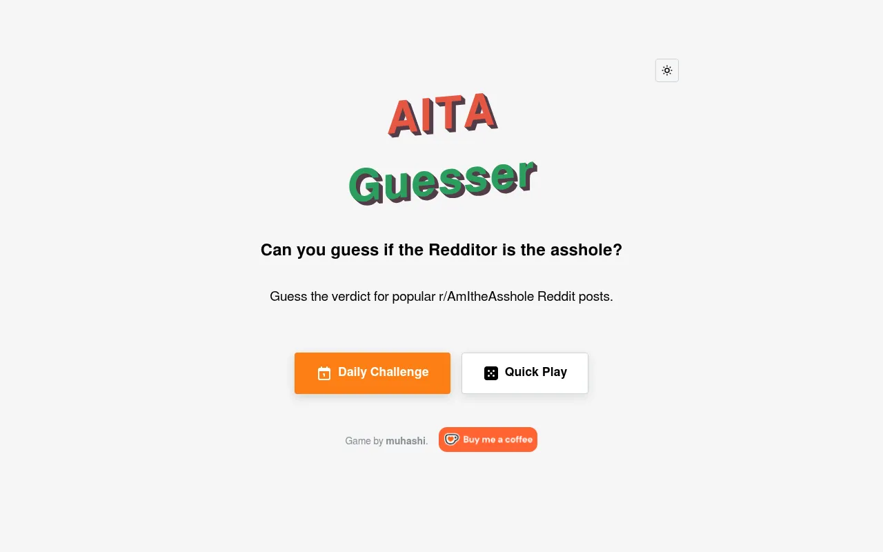 AITA Guesser start screen with Daily Challenge and Quick Play buttons
