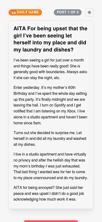 AITA Guesser daily post 1 of 3 at phone size: the full Reddit story in one readable column