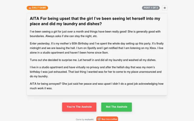AITA Guesser daily game, post 1 of 3: a Reddit story about a girlfriend who let herself in to do the laundry, with You're The Asshole and Not The Asshole buttons