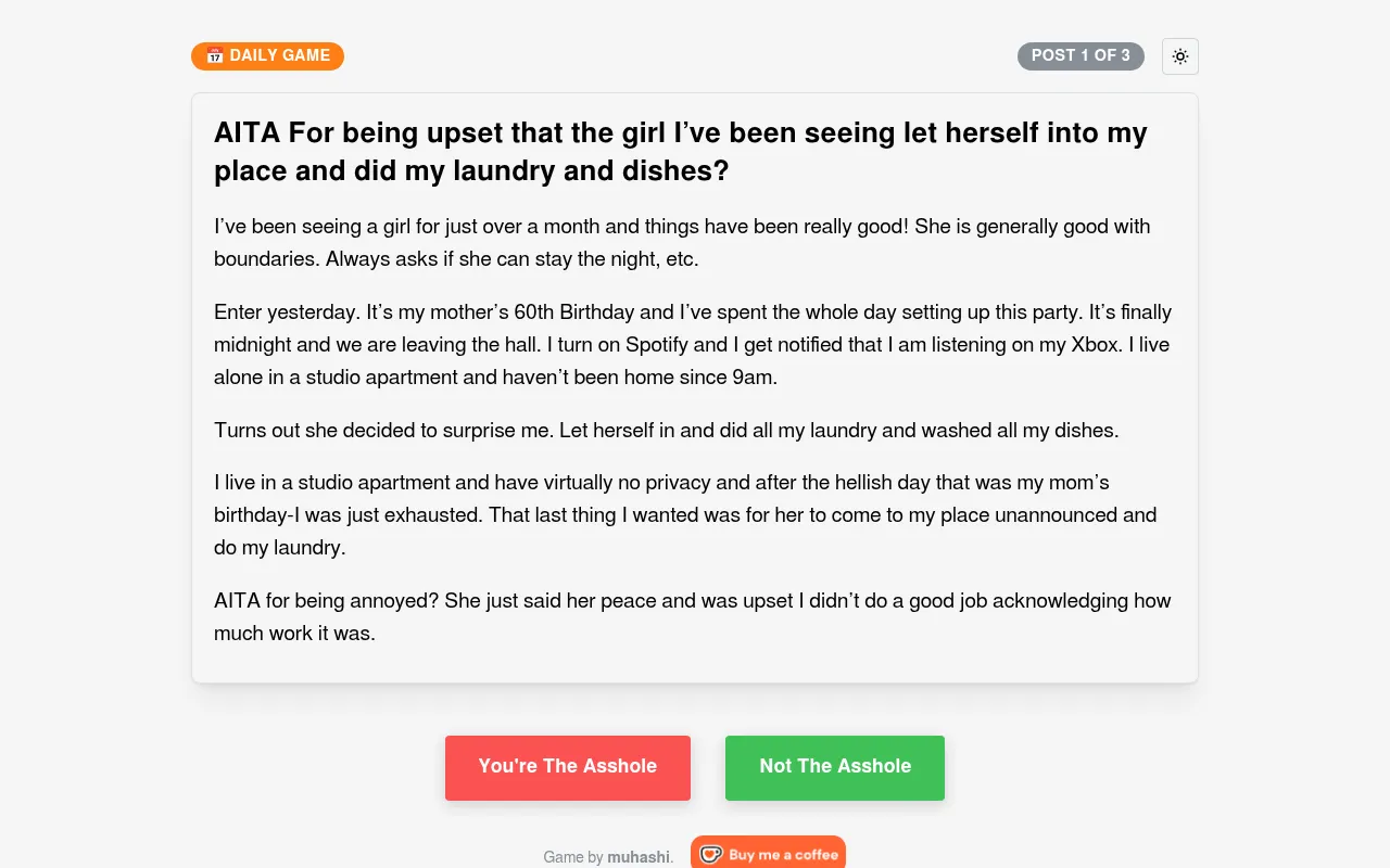 AITA Guesser daily game, post 1 of 3: a Reddit story about a girlfriend who let herself in to do the laundry, with You're The Asshole and Not The Asshole buttons