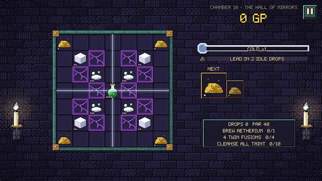 An Alchemia bench in the Hall of Mirrors: Salt, Quicksilver and gold reagents around a mirror line, with the next piece shown