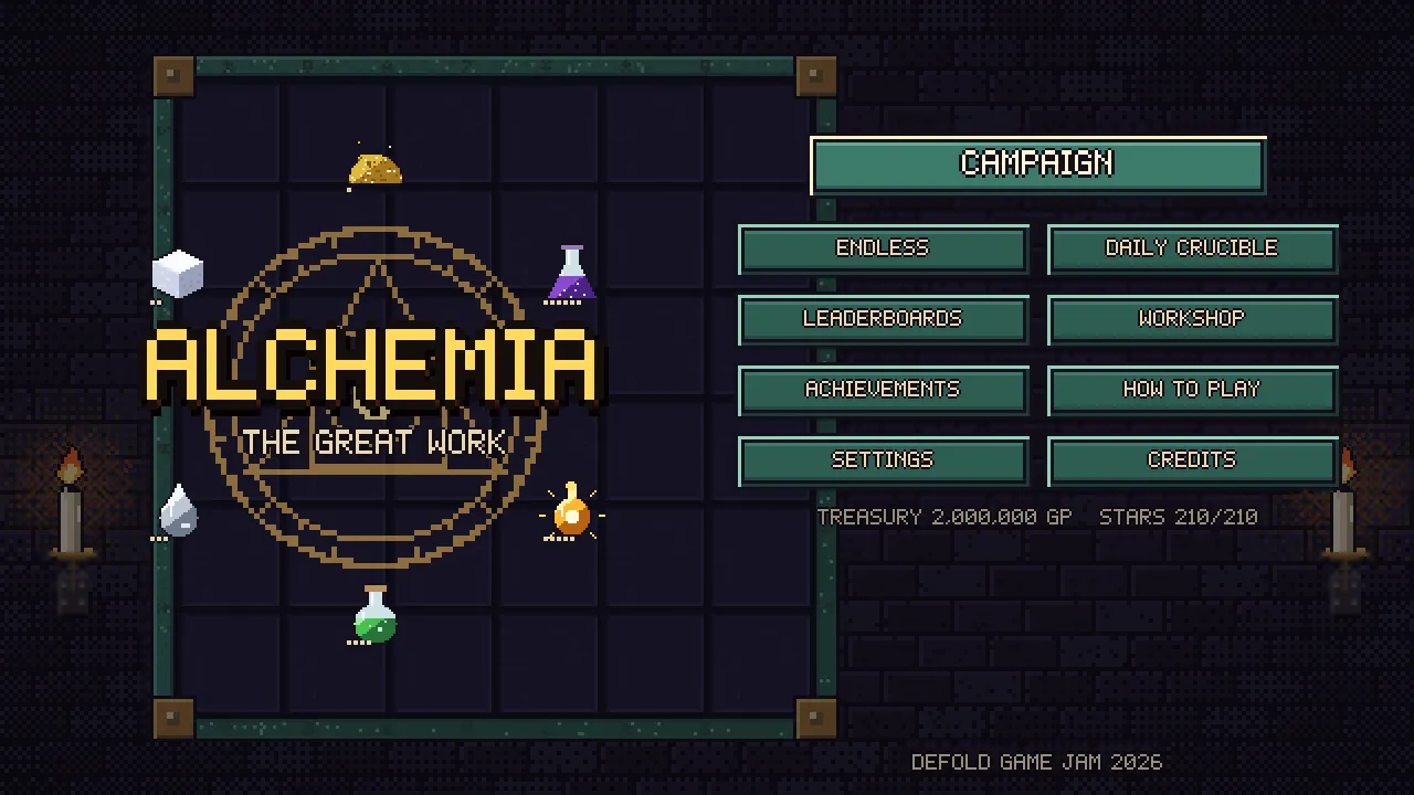 The Alchemia: The Great Work title menu with Campaign, Endless, Daily Crucible and Workshop buttons