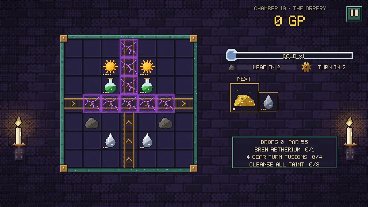 An Alchemia chamber in the Sulphur Arsenal with powder kegs, potions and tainted violet cells