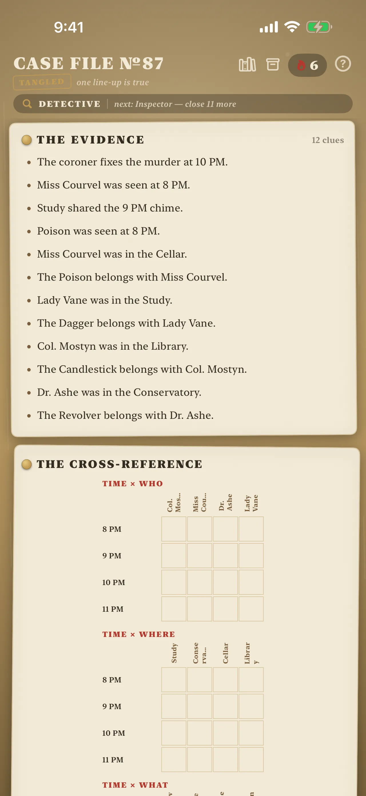 A fresh Alibi case: the list of evidence and the empty cross-reference grids for time, who and where