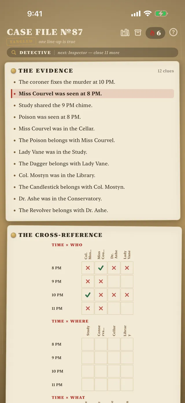 Case File No. 87 in Alibi Daily Logic Grid: twelve clues above a time-by-suspect grid with ticks and crosses