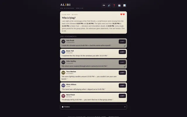 Alibi case #39: a brief about a bronze stolen at the Petit Musée vernissage above six witness cards with LIAR? buttons, two of them crossed off, and two red hearts