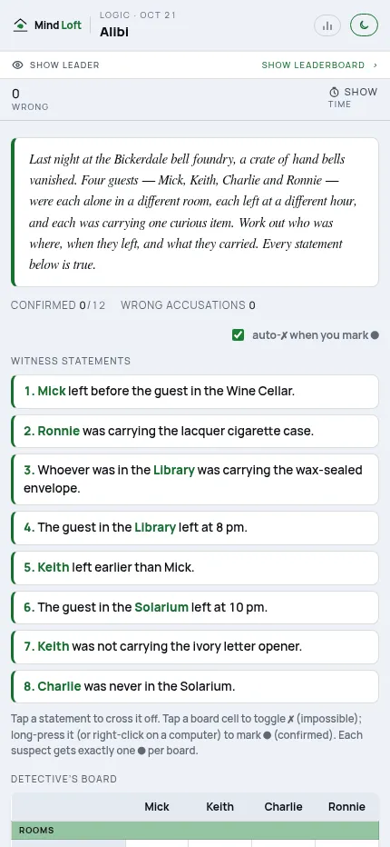 Alibi at phone size: the day's case story above eight witness statements, with the deduction board below them