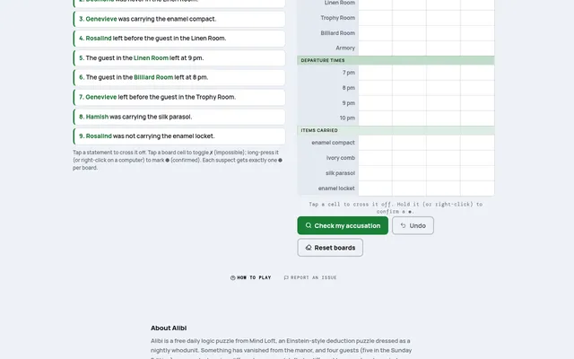 Alibi board on mindloftdaily.com: numbered witness statements beside the room, departure time and item deduction grids