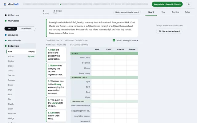 Alibi case for 21 October 2026 on a desktop: the bell foundry story, numbered witness statements and the empty room, time and item deduction board for Mick, Keith, Charlie and Ronnie