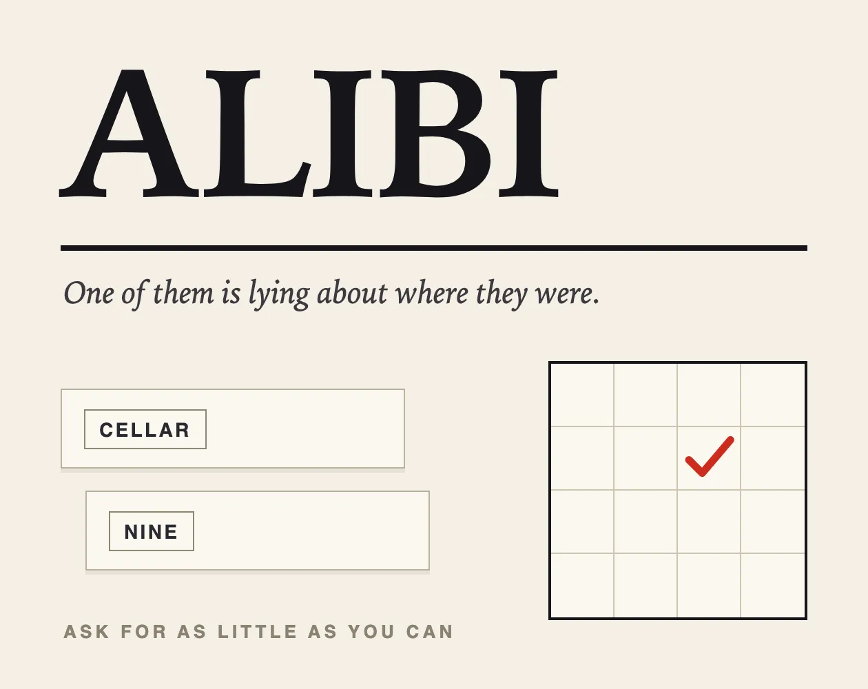 Alibi cover art: 'One of them is lying about where they were', with face-down CELLAR and NINE clue cards and a grid with one tick